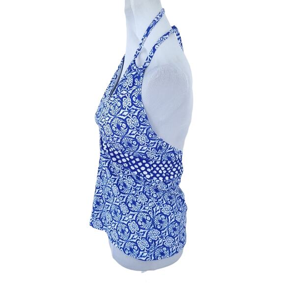 Chaps Tankini Swim Top Size 10 Blue White Bathing Suit Halter Tie Geometric - Picture 2 of 5